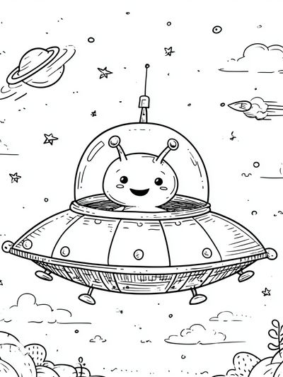 Cute Alien in Spaceship — Cartoon Print. poster print