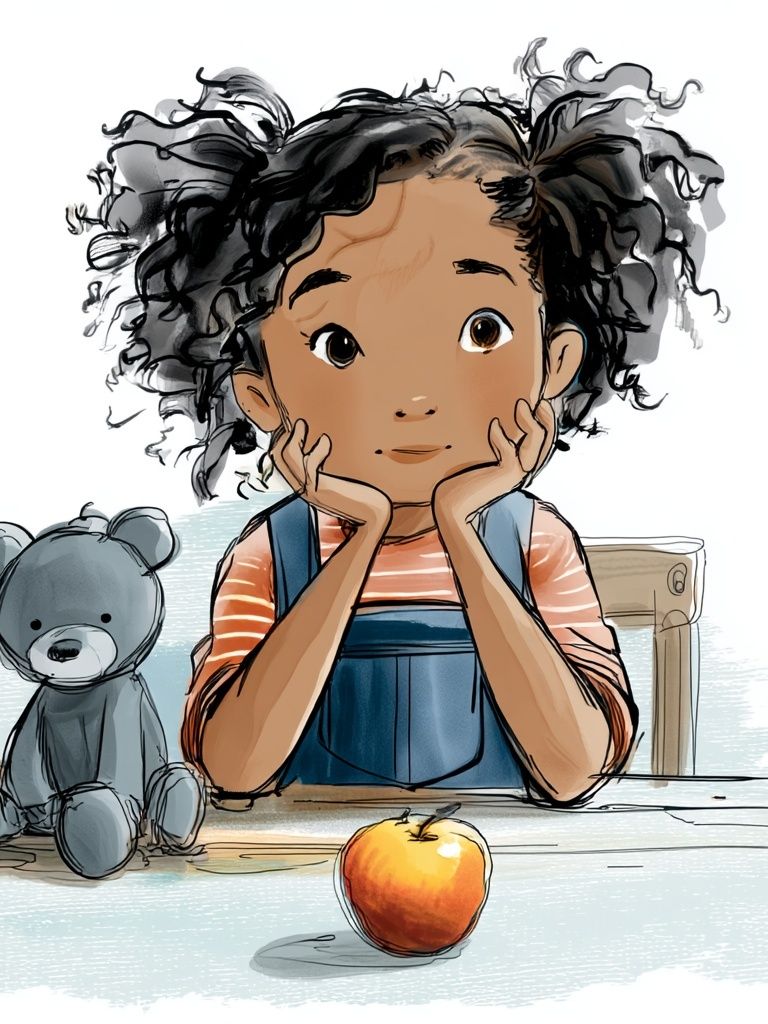 Thoughtful Girl with Teddy Bear — Illustration Print. poster — illustration art