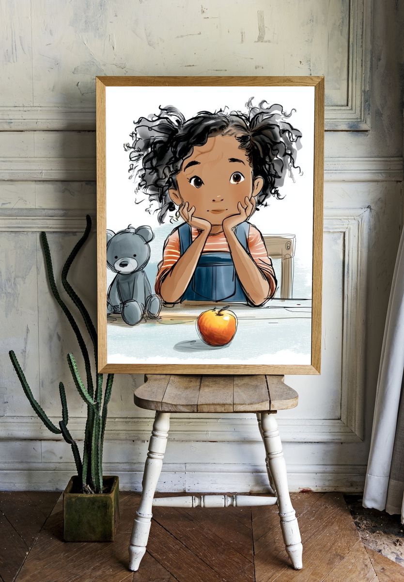 Thoughtful Girl with Teddy Bear — Illustration Print room preview