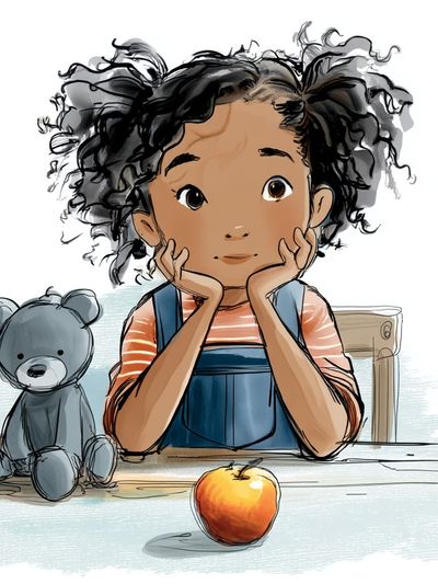 Thoughtful Girl with Teddy Bear — Illustration Print. poster