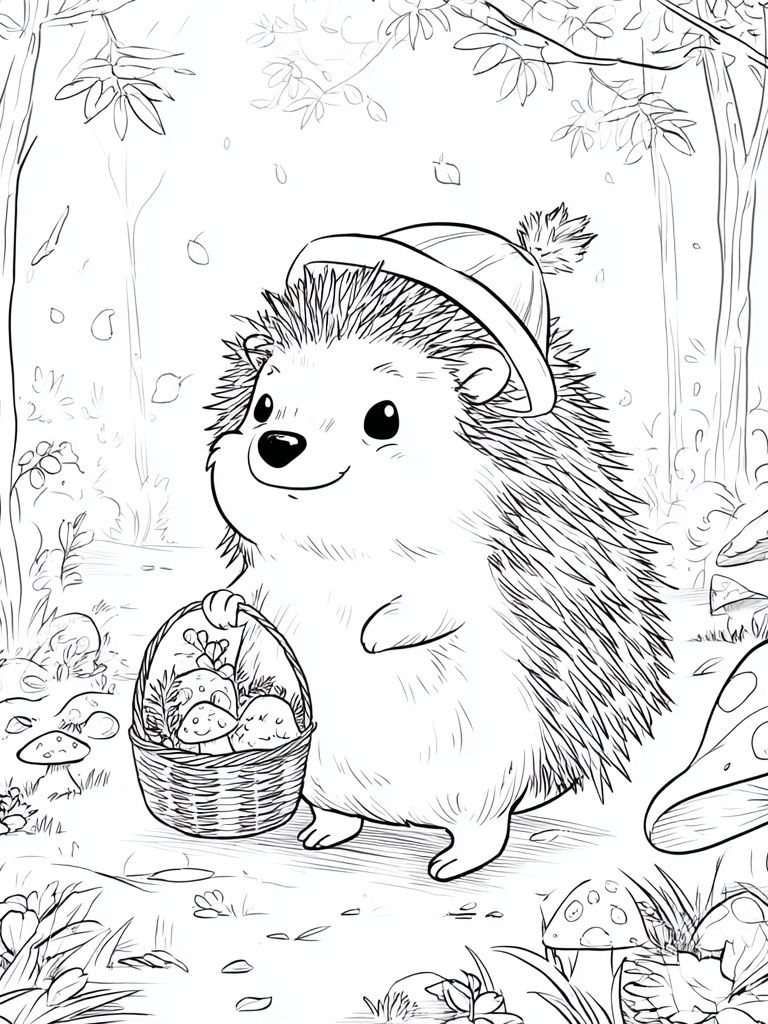 Cute Hedgehog Forest Coloring Poster. poster detail