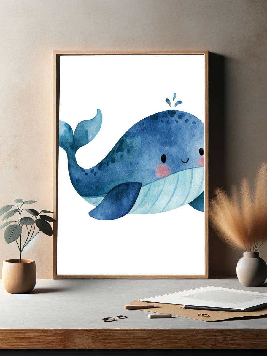 Cute Blue Whale Watercolor Print. — room view 2