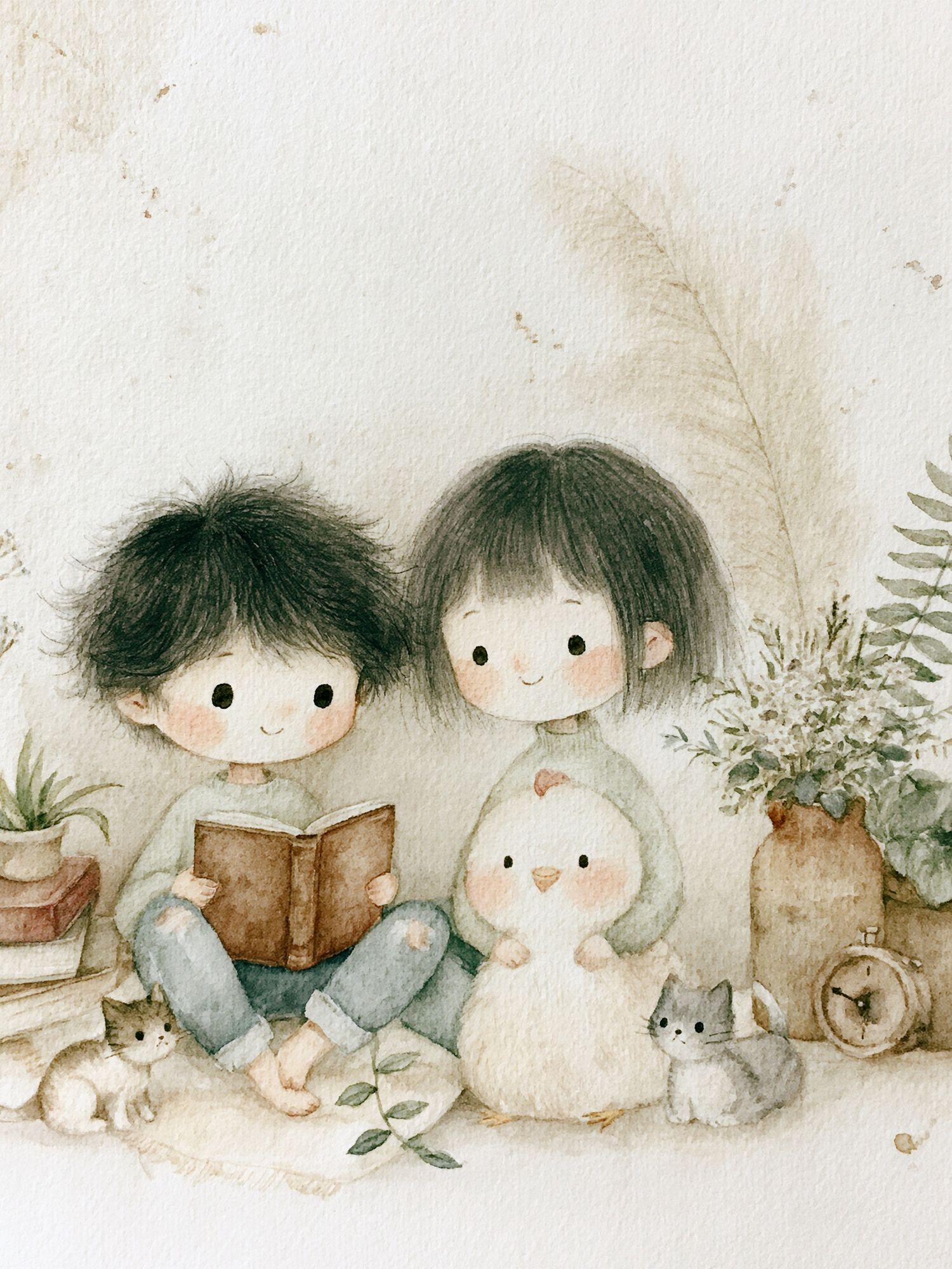 Cozy Children and Cat Watercolor Print. poster — kids art