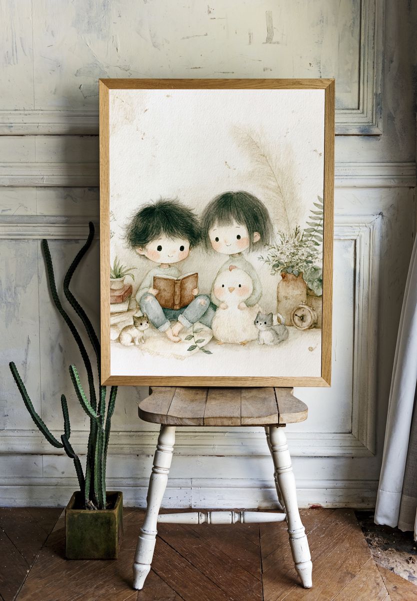 Cozy Children and Cat Watercolor Print. — room view 1