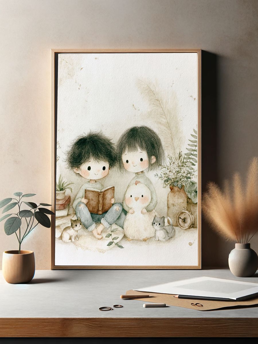 Cozy Children and Cat Watercolor Print. — room view 2