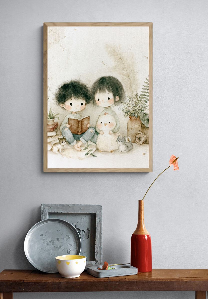 Cozy Children and Cat Watercolor Print. — room view 3