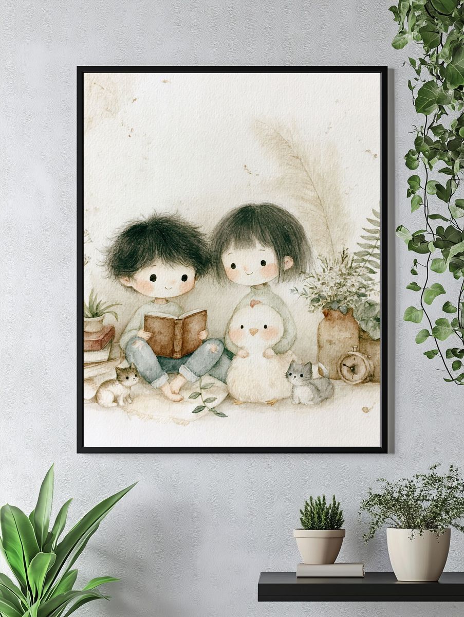 Cozy Children and Cat Watercolor Print. — room view 4