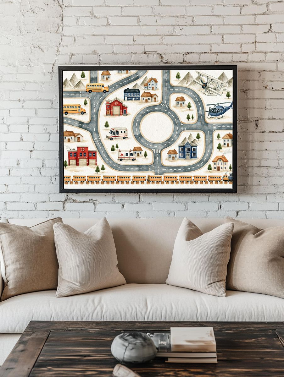 Whimsical Transport Town Poster. room preview