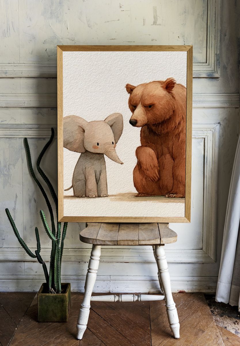 Elephant and Bear Watercolor Poster. room preview
