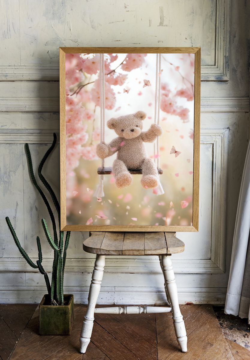 Teddy Bear on Swing — Kids Print. — room view 1