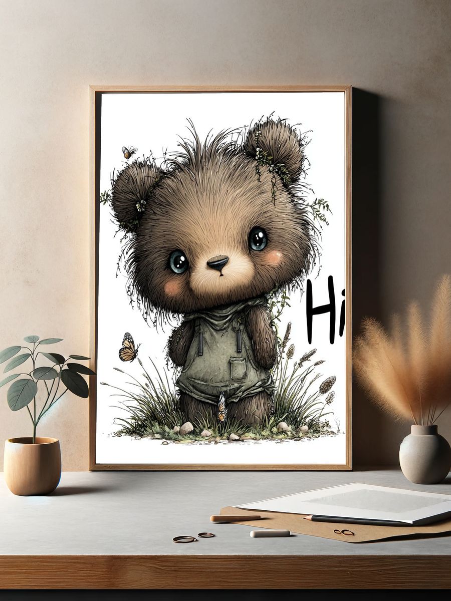 Cute Bear Hello Illustration Poster. — room view 2