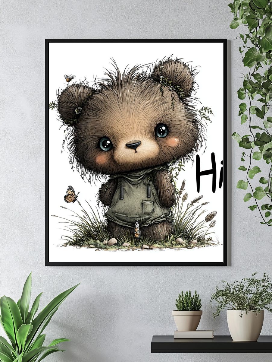 Cute Bear Hello Illustration Poster. — room view 4
