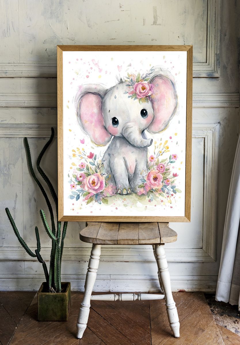 Cute Elephant Watercolor Poster. — room view 1