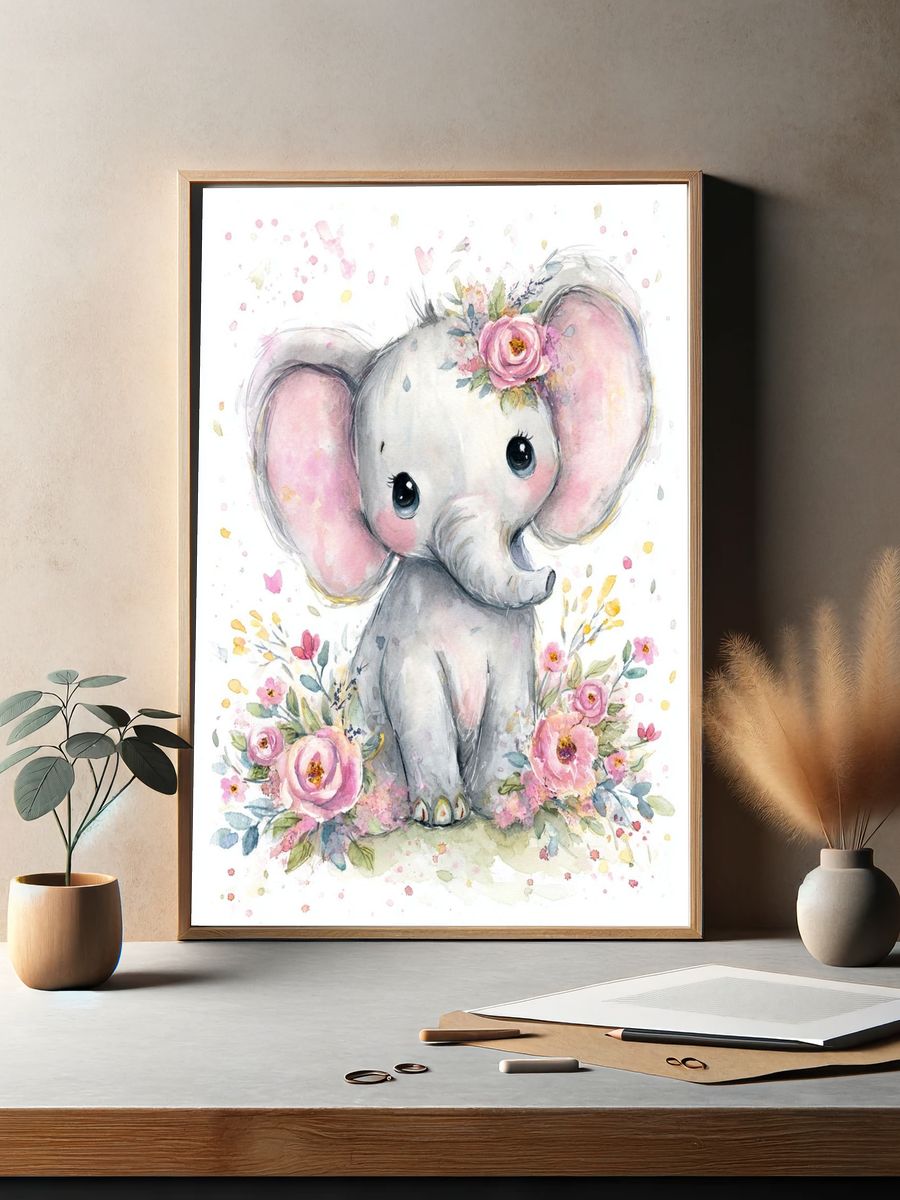 Cute Elephant Watercolor Poster. — room view 2