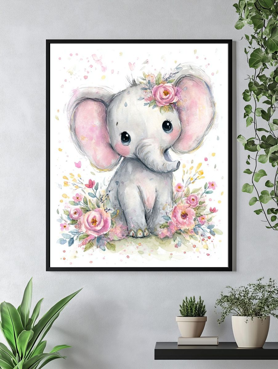 Cute Elephant Watercolor Poster. — room view 4