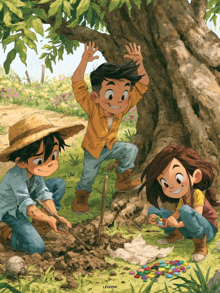 Children Playing Under Tree Illustration Poster. poster detail