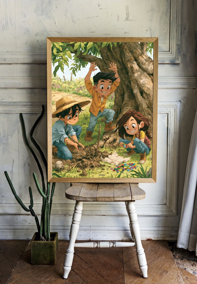 Children Playing Under Tree Illustration Poster. — room view 1