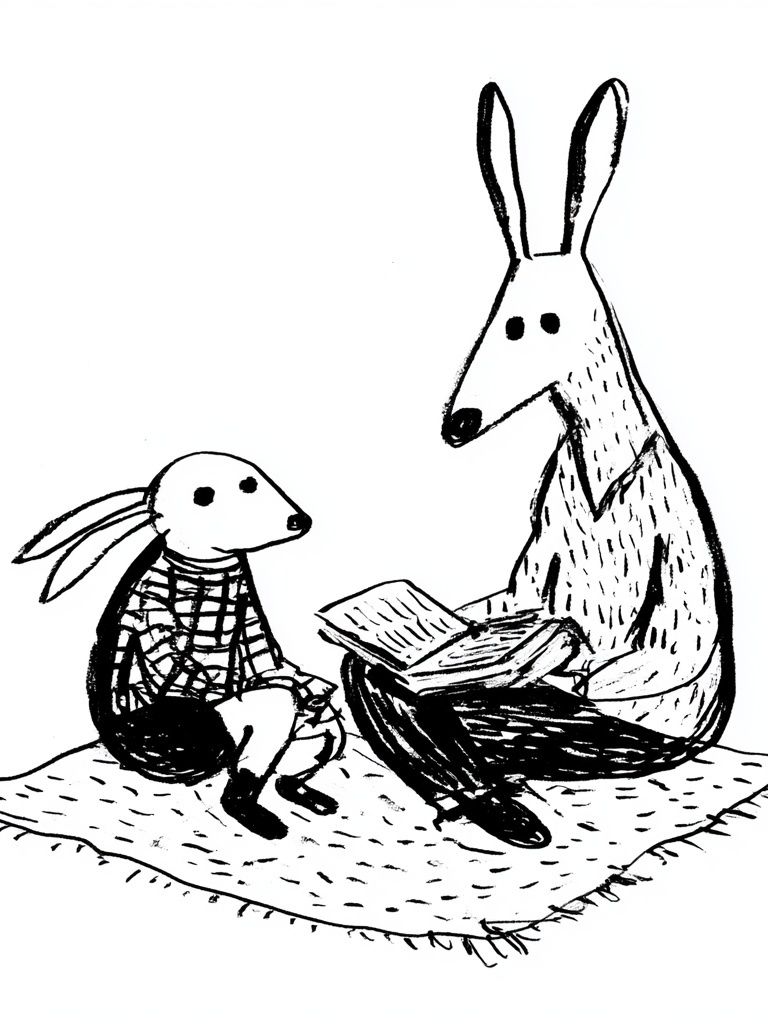 Rabbit Reading with Child — Illustration Print. poster detail