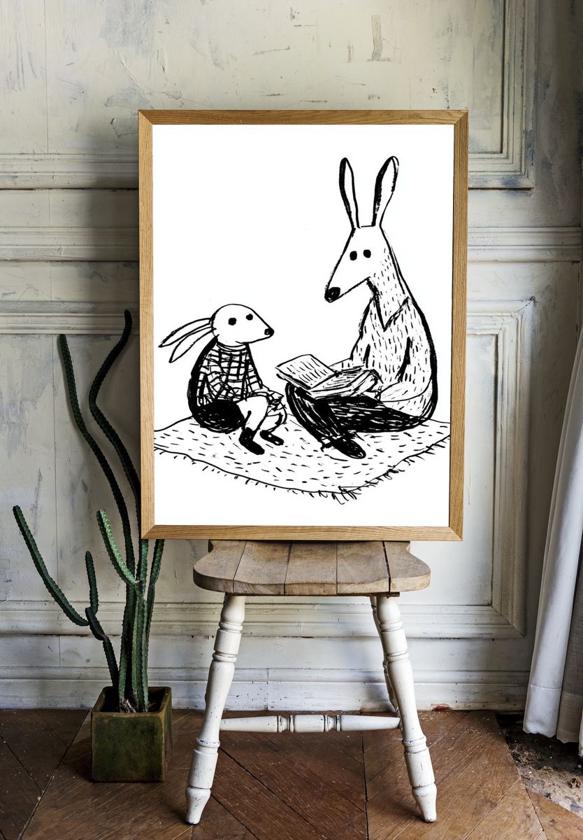 Rabbit Reading with Child — Illustration Print. — room view 1