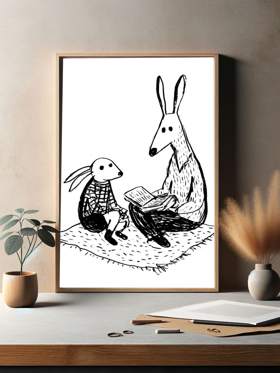 Rabbit Reading with Child — Illustration Print. — room view 2
