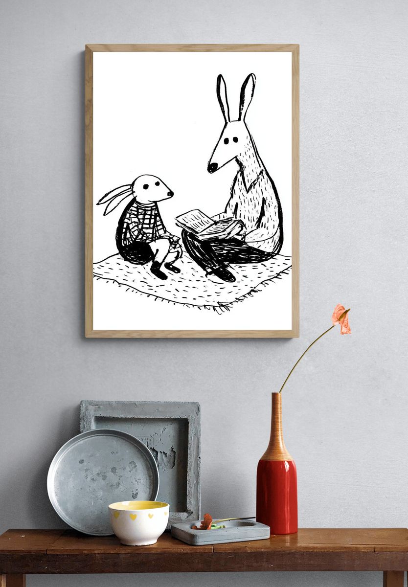 Rabbit Reading with Child — Illustration Print. — room view 3