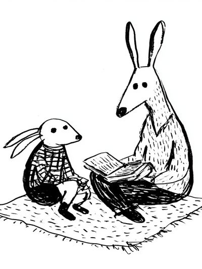 Rabbit Reading with Child — Illustration Print. poster