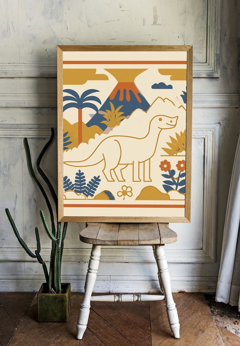 Dinosaur Jungle Mid-Century Modern Poster. room preview