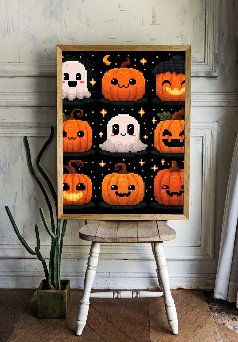 Pixel Halloween Pumpkins Poster. room preview