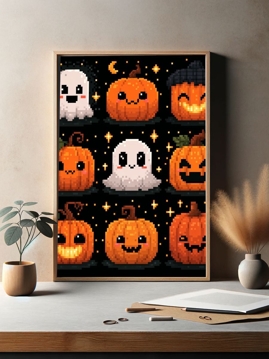 Pixel Halloween Pumpkins Poster. — room view 2