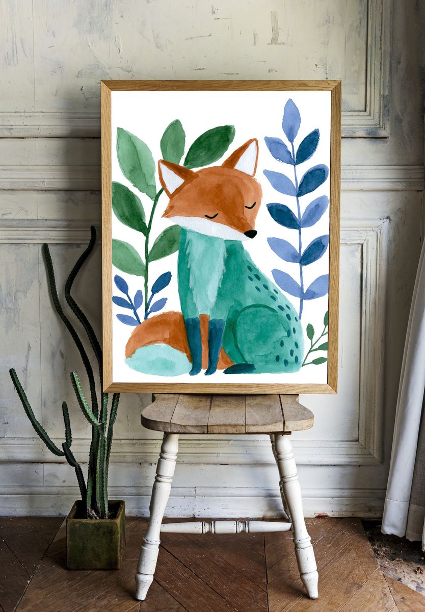 Sleeping Fox Watercolor Print. room preview