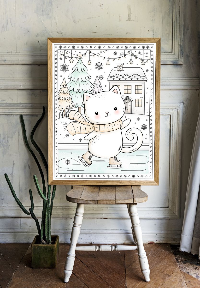 Winter Cat Skating Illustration Poster. room preview