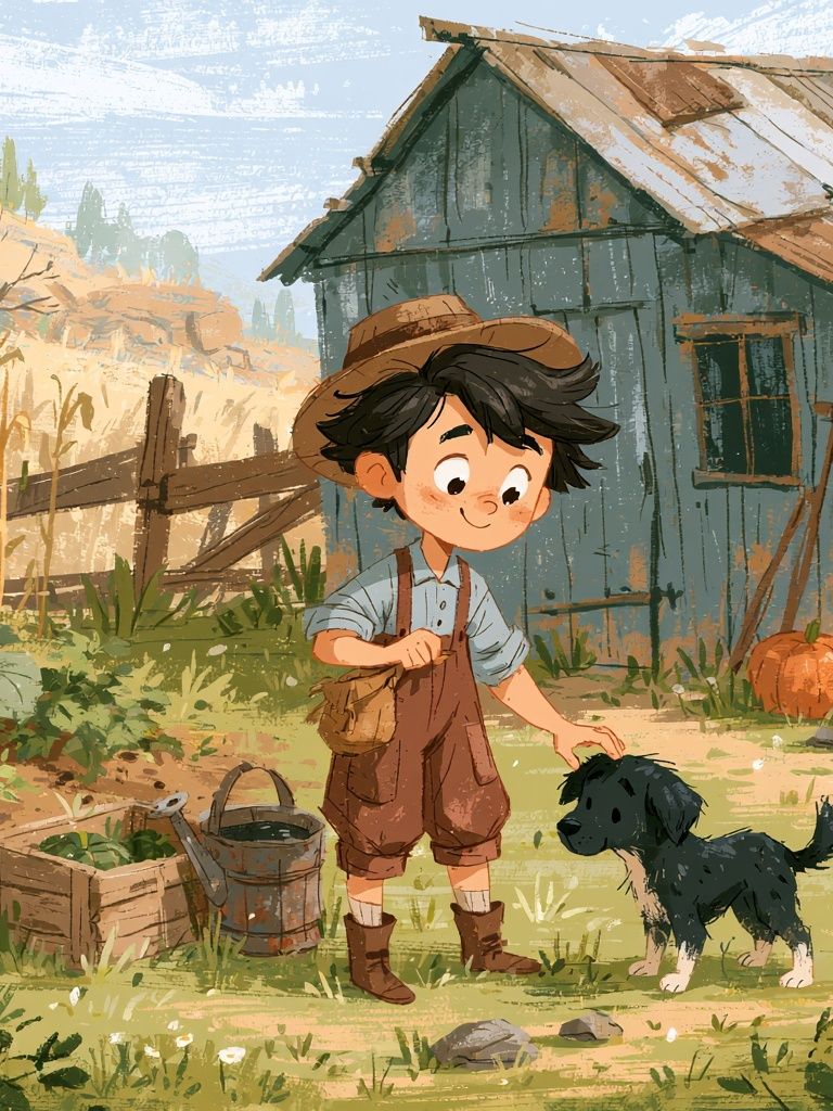 Boy and Puppy Farm Illustration Poster. poster — kids art
