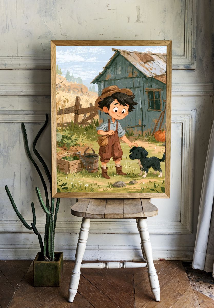 Boy and Puppy Farm Illustration Poster. room preview