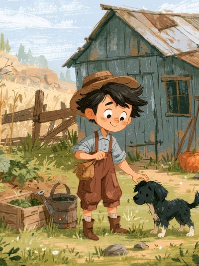 Boy and Puppy Farm Illustration Poster. poster