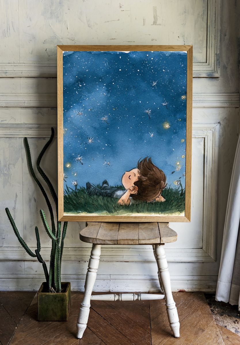 Stargazing Child Watercolor Print. room preview