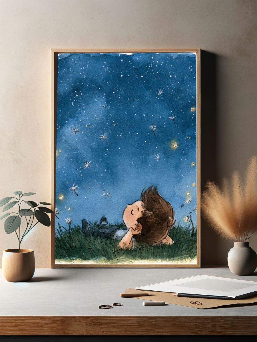 Stargazing Child Watercolor Print. — room view 2