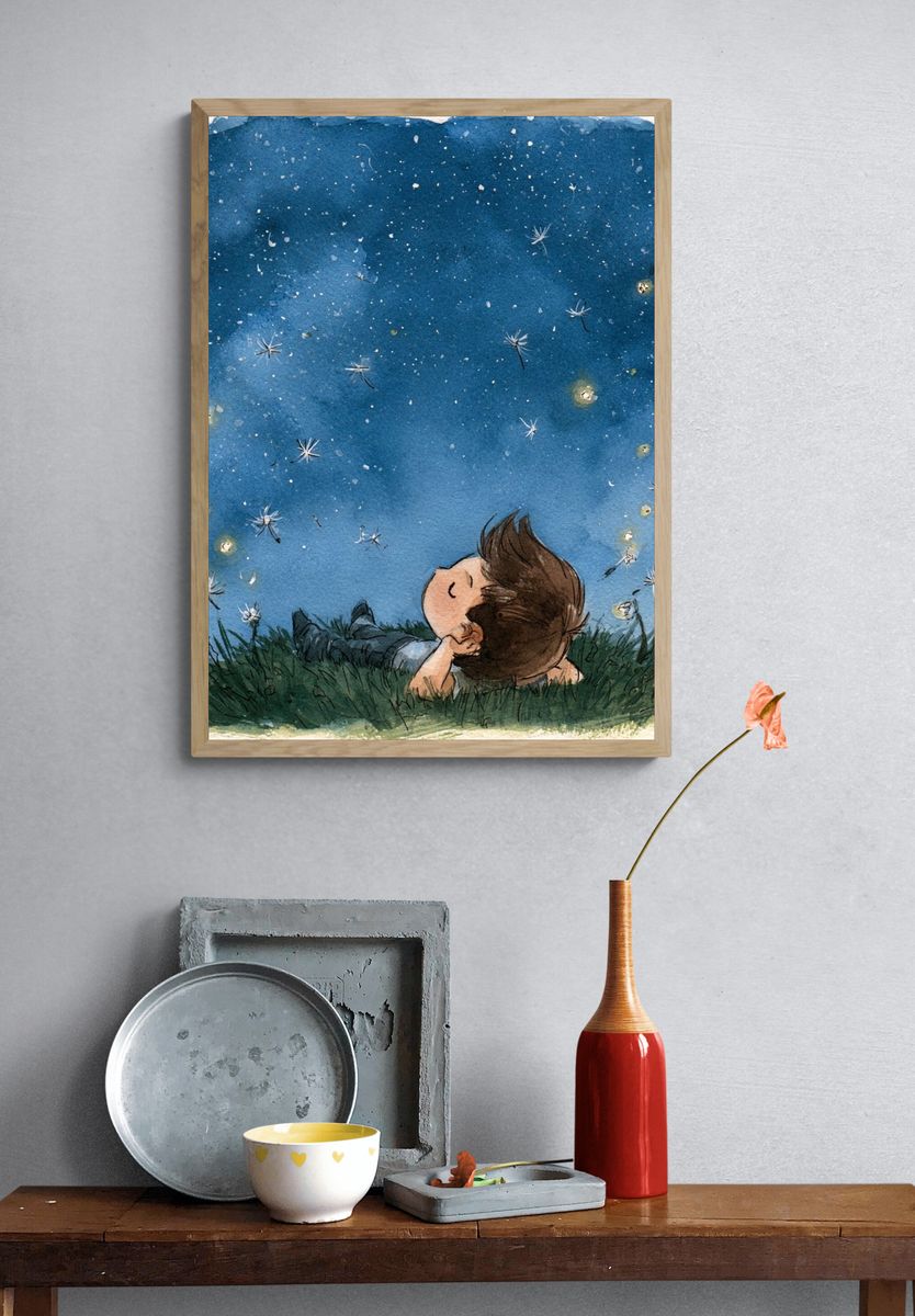 Stargazing Child Watercolor Print. — room view 3