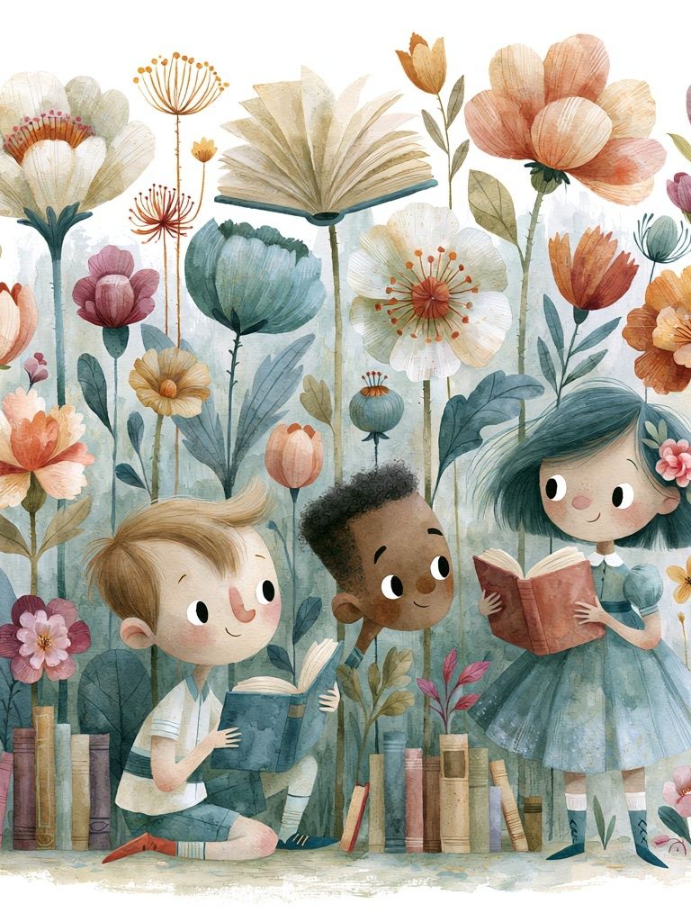 Children Reading in Flower Garden Poster. poster — kids art