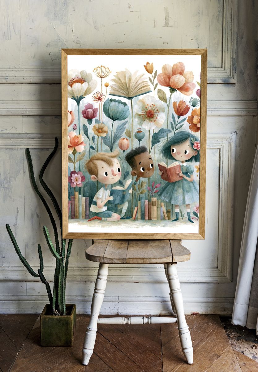 Children Reading in Flower Garden Poster. room preview