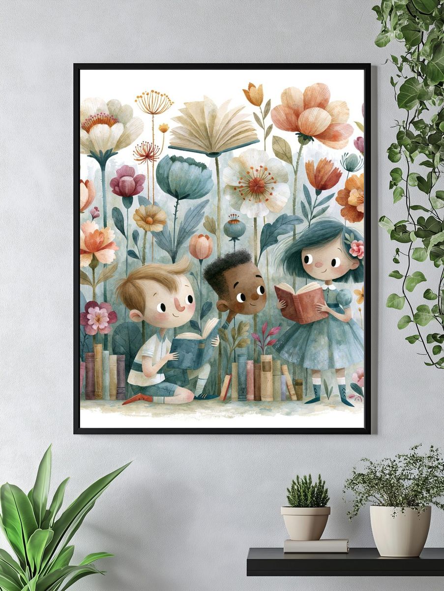 Children Reading in Flower Garden Poster. — room view 4