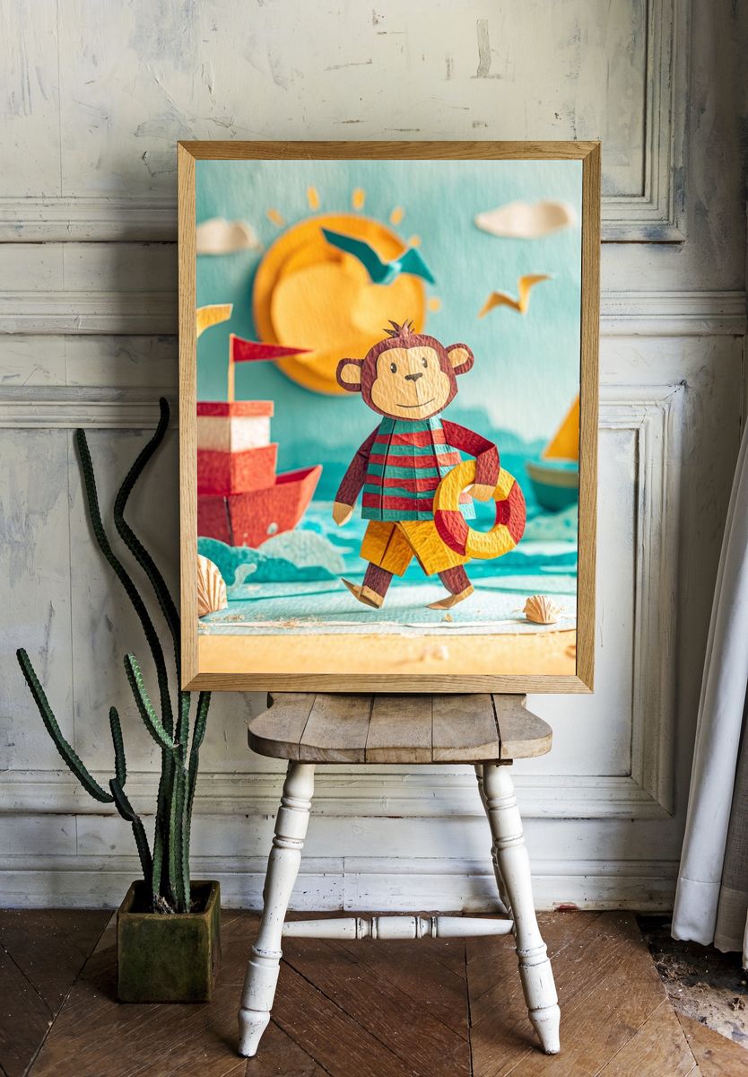 Playful Monkey at the Beach — Kids Print. — room view 1