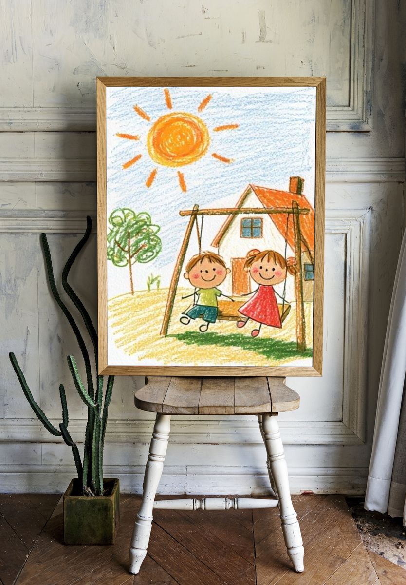 Children on Swing Illustration Poster. — room view 1