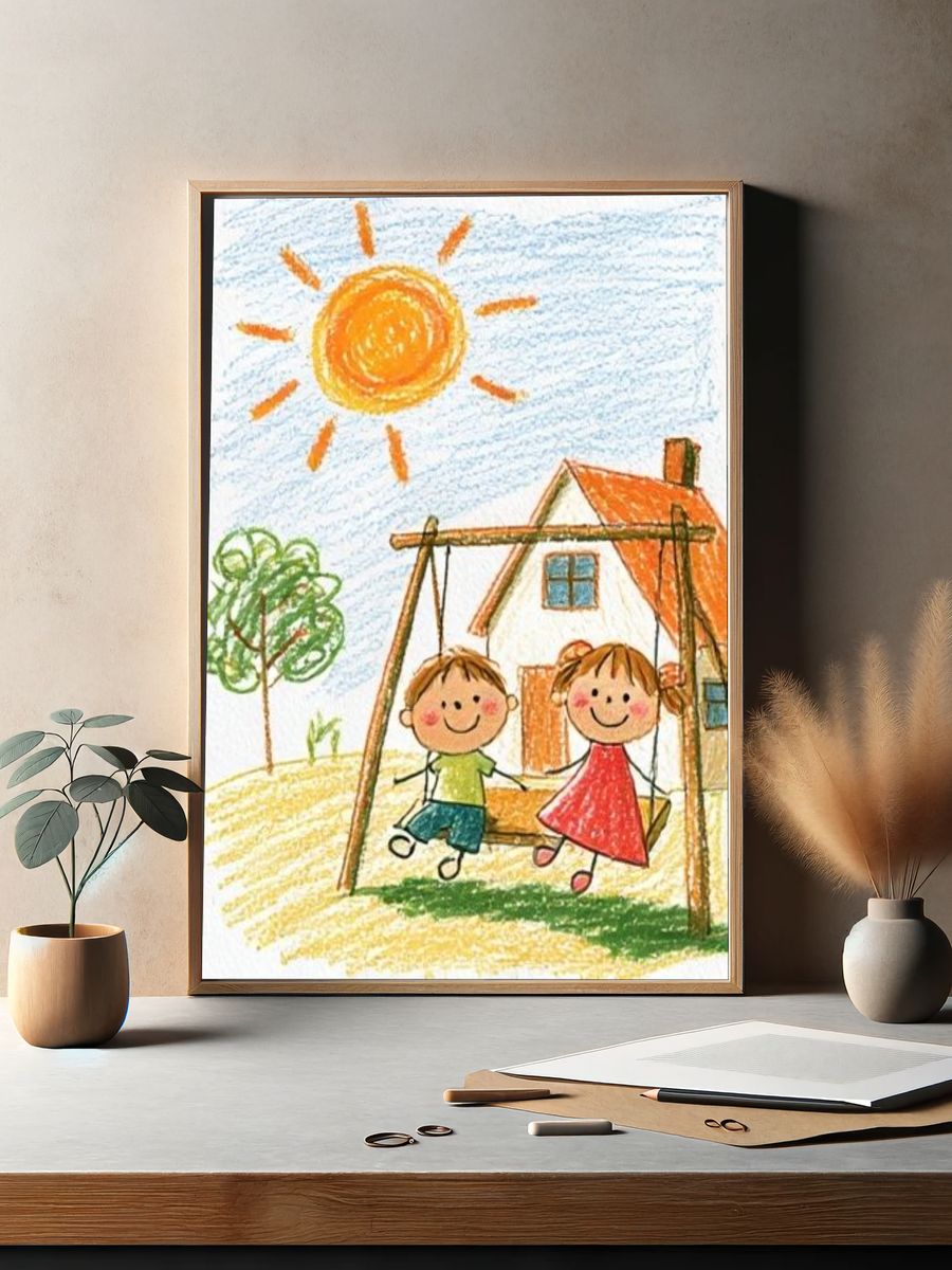 Children on Swing Illustration Poster. — room view 2