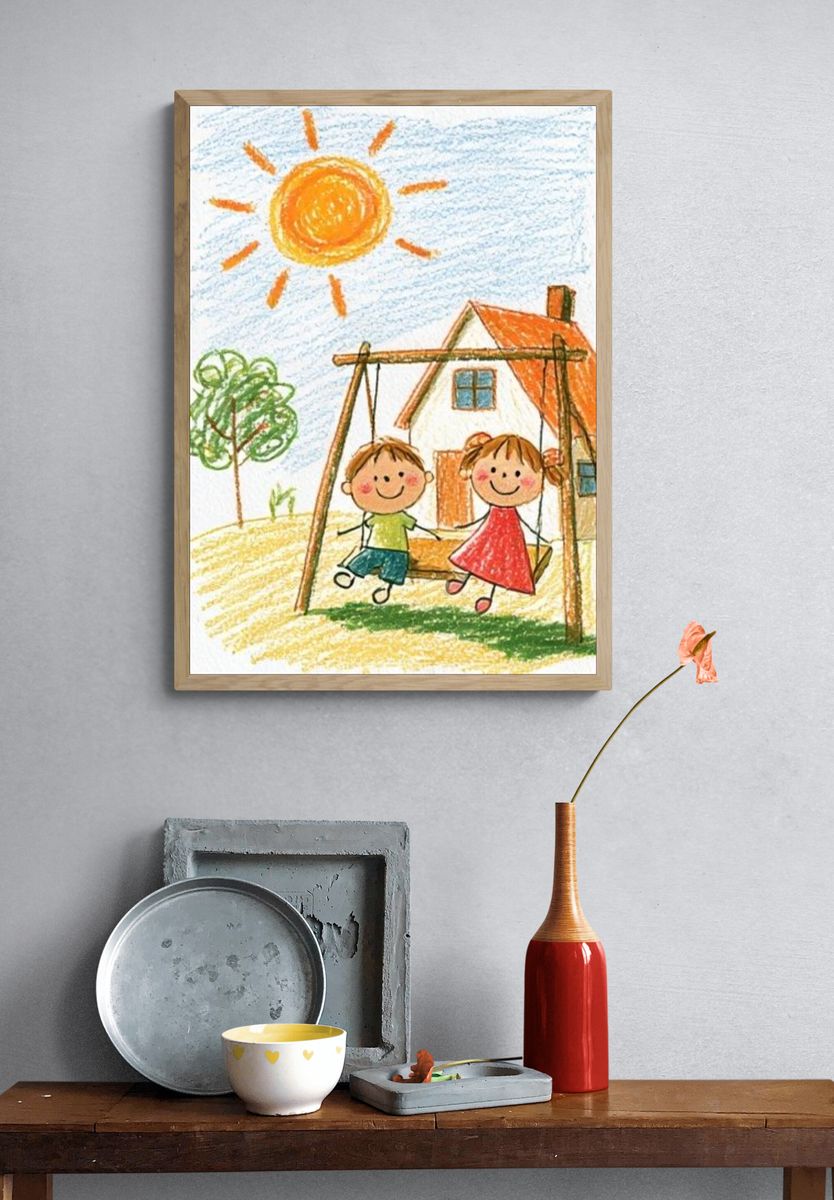 Children on Swing Illustration Poster. — room view 3