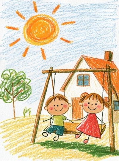 Children on Swing Illustration Poster. poster