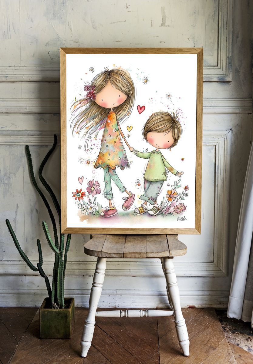Whimsical Children Holding Hands Illustration Poster. room preview
