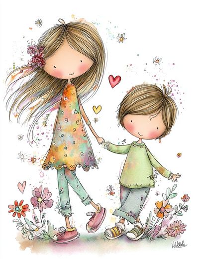 Whimsical Children Holding Hands Illustration Poster. poster print