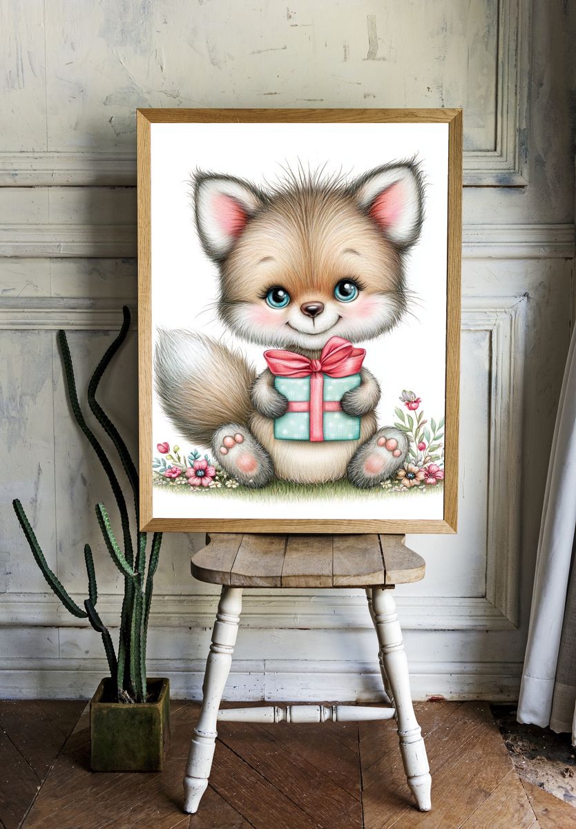 Cute Fox with Gift Illustration Poster. room preview