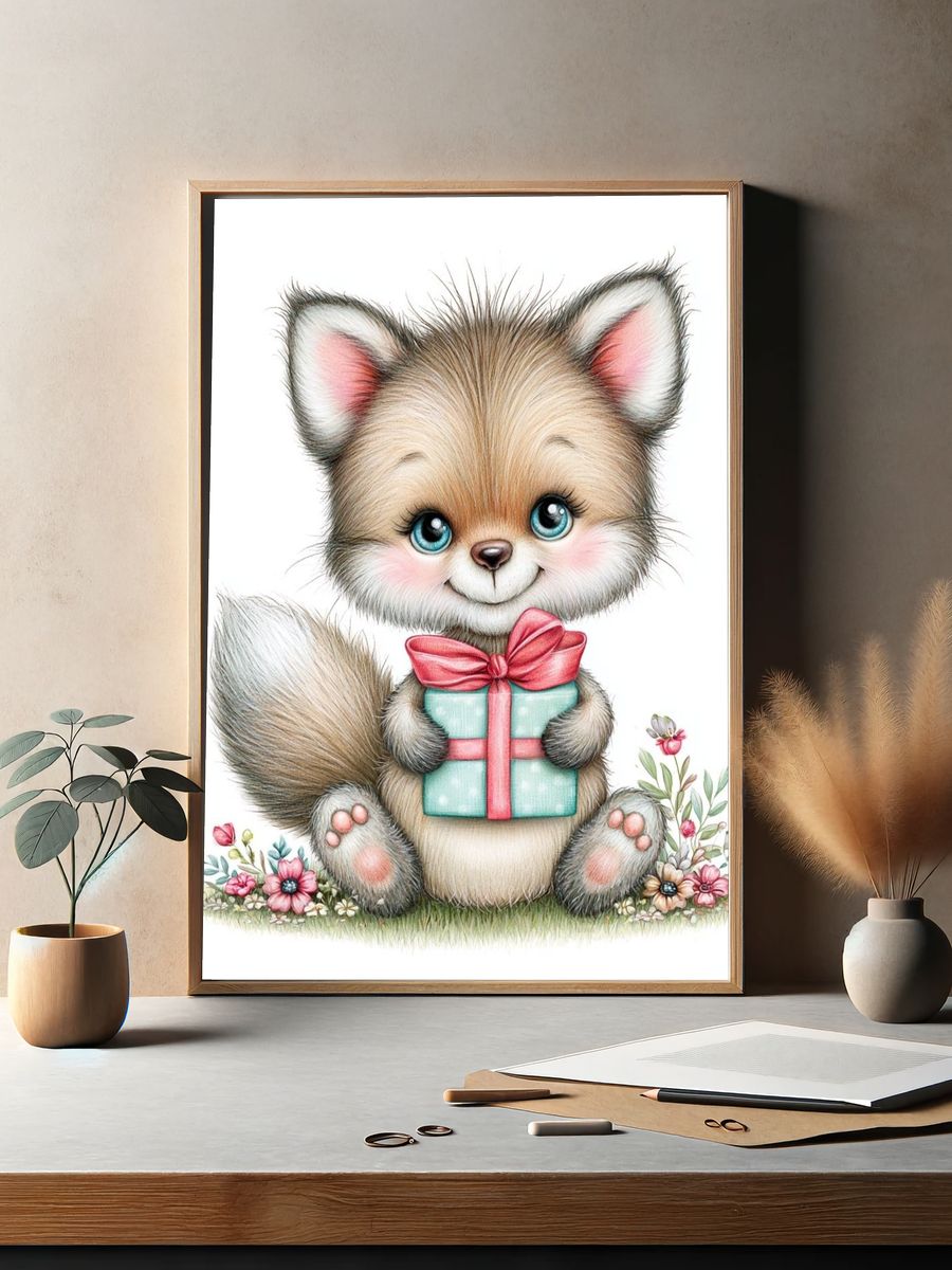 Cute Fox with Gift Illustration Poster. — room view 2