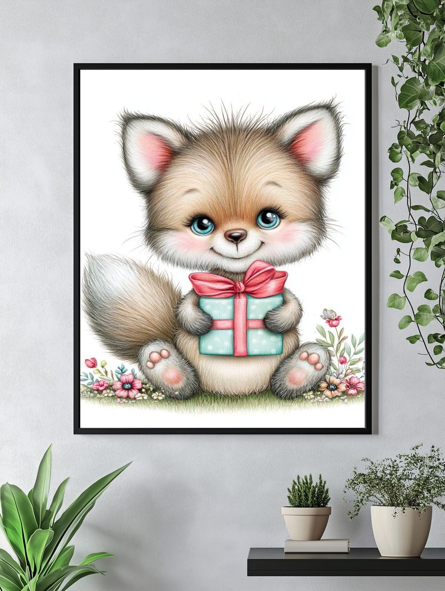 Cute Fox with Gift Illustration Poster. — room view 4